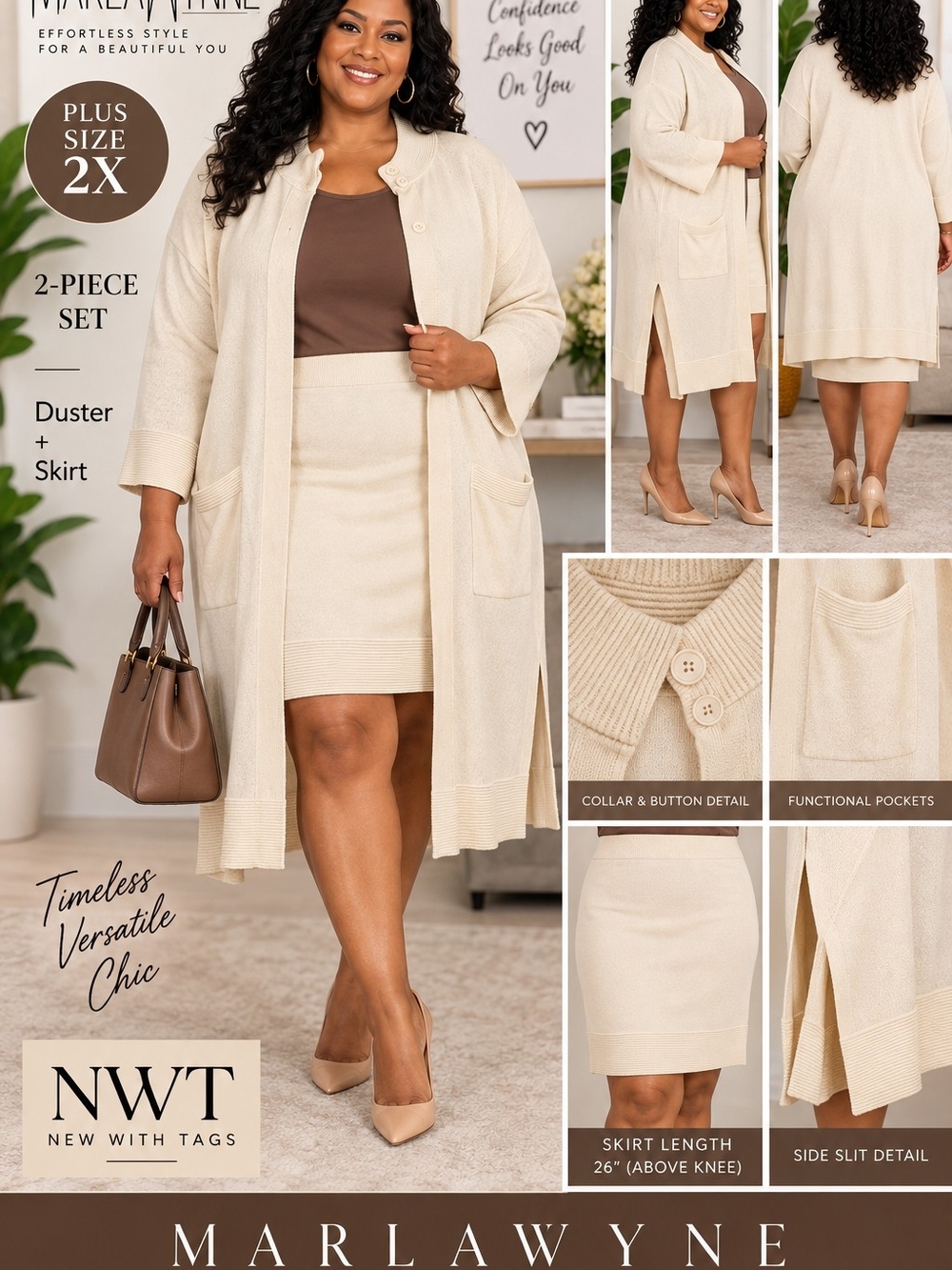 MarlaWynne NWT Cream Knit Duster & Skirt 2-Piece Set Size 2X